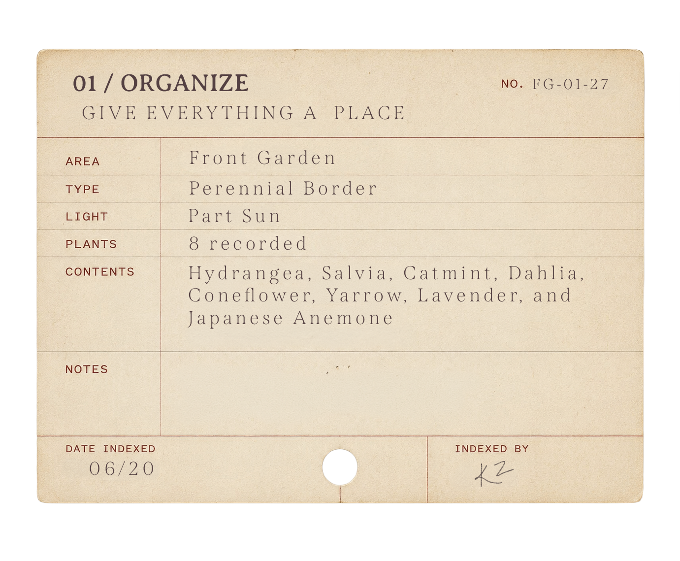 Organize card showing a catalogued perennial garden border