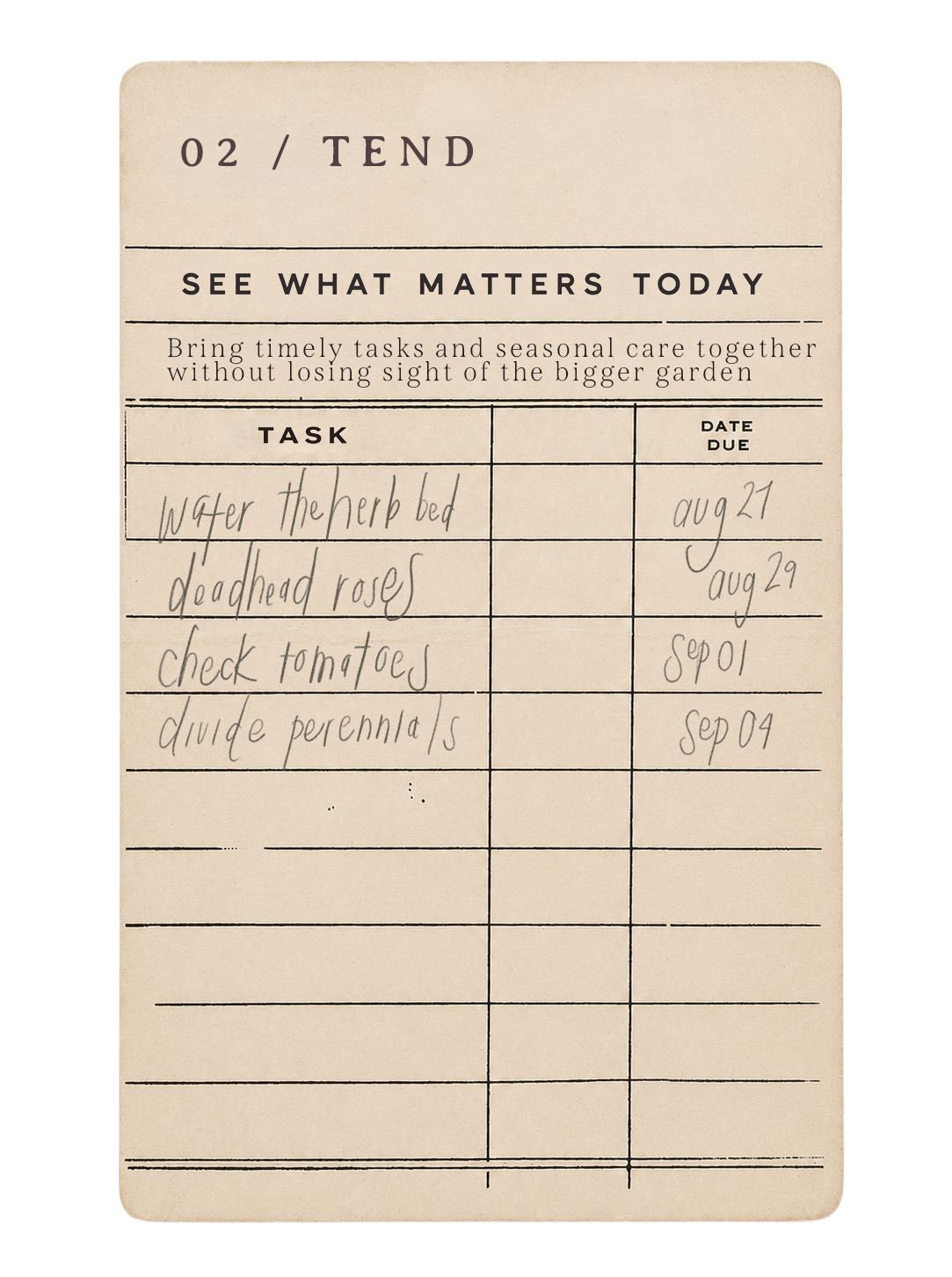 Tend card showing seasonal garden tasks and due dates