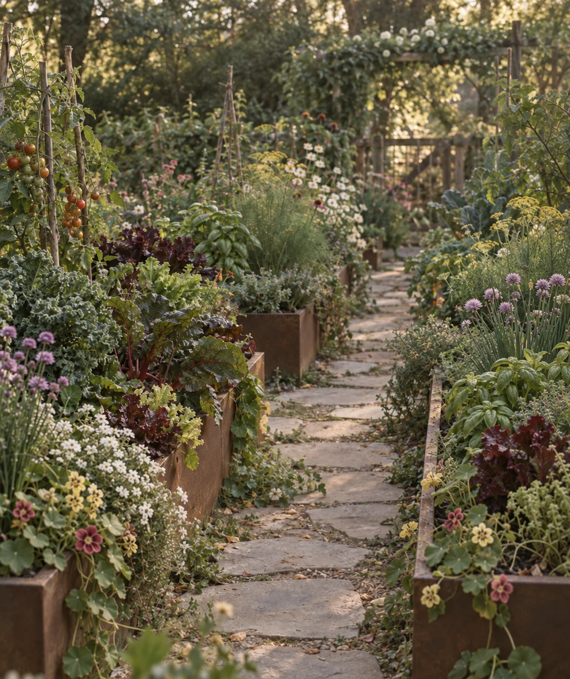 A productive garden with raised beds, flowers, vegetables, and a central path