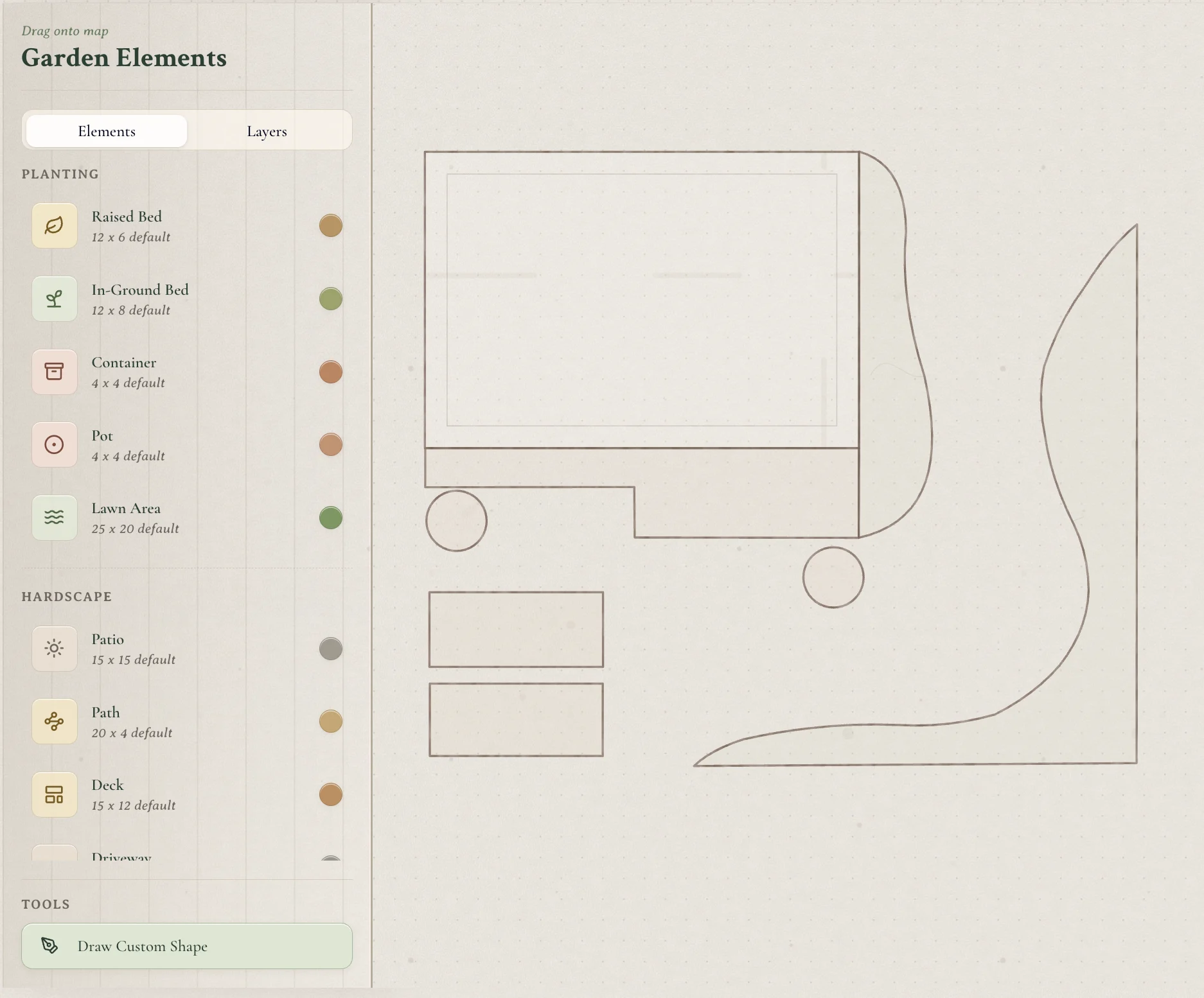 Florabella garden builder showing garden elements and a custom property map